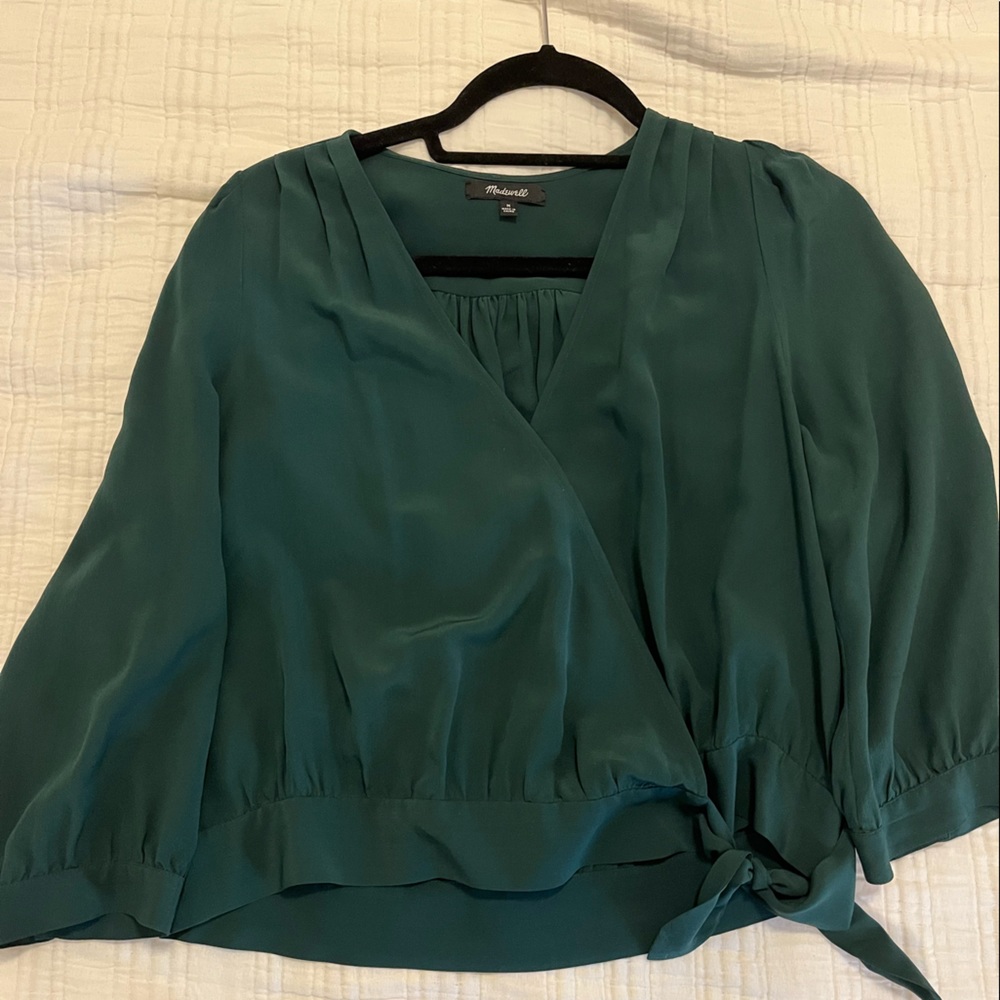 Deep Green Silky mock wrap shirt